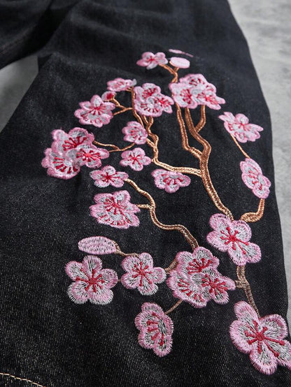 Vintage Cherry-blossom-embroidered Wide-leg Denim Jeans - RALO COLLECTION STUDIO