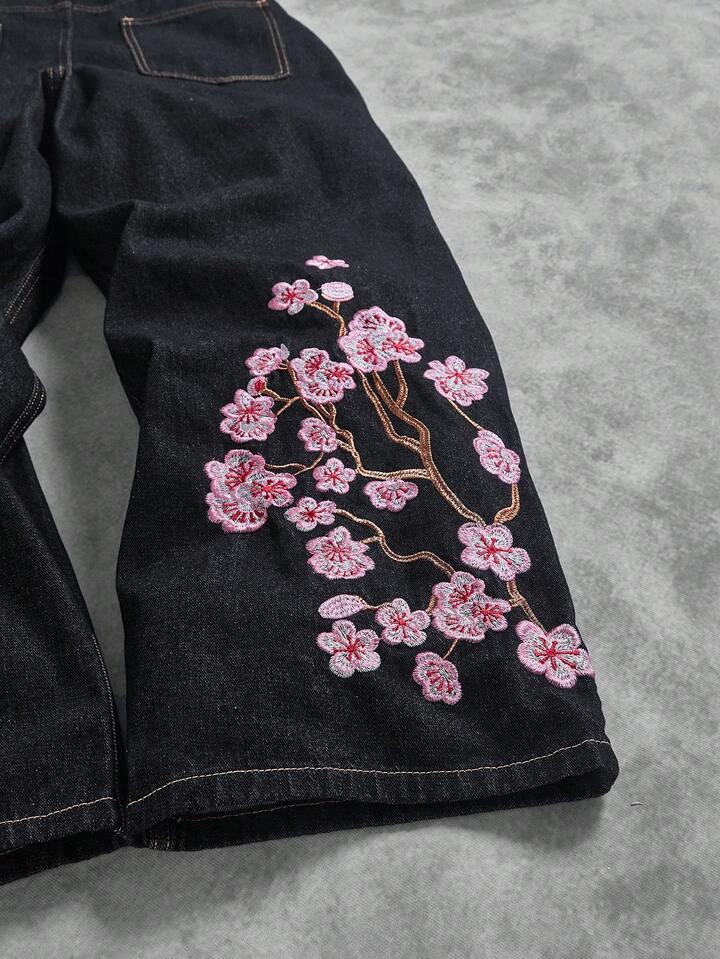Vintage Cherry-blossom-embroidered Wide-leg Denim Jeans - RALO COLLECTION STUDIO
