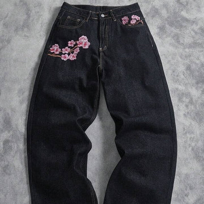 Vintage Cherry-blossom-embroidered Wide-leg Denim Jeans - RALO COLLECTION STUDIO