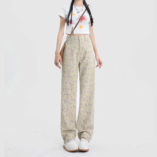 Vintage Floral High Waist Jeans Women's Wide Leg Straight Casual Pants - RALO COLLECTION STUDIO