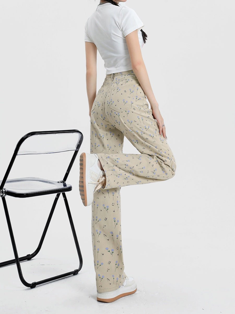 Vintage Floral High Waist Jeans Women's Wide Leg Straight Casual Pants - RALO COLLECTION STUDIO