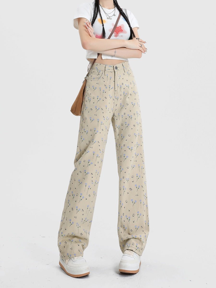 Vintage Floral High Waist Jeans Women's Wide Leg Straight Casual Pants - RALO COLLECTION STUDIO