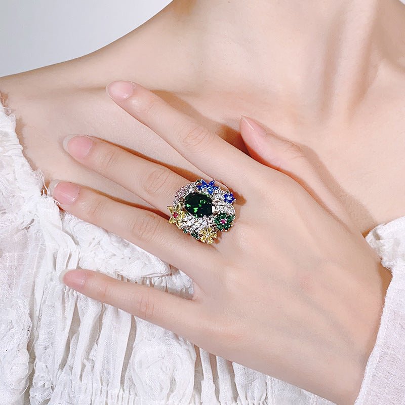 RALO Collection | Vintage Peacock Green Crystal Open Band Ring – Elegant Women’s Fashion Jewelry - RALO COLLECTION STUDIO