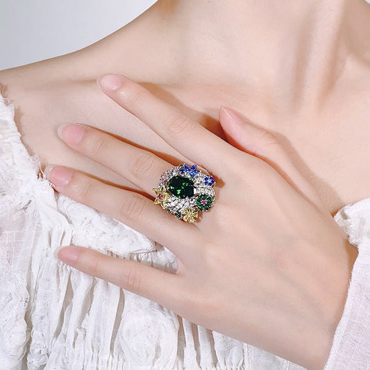 RALO Collection | Vintage Peacock Green Crystal Open Band Ring – Elegant Women’s Fashion Jewelry - RALO COLLECTION STUDIO