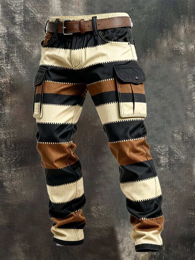 Vintage Stripe Patchwork Men Cargo Pants Multi Pockets Workwear Trousers Contrast Knee Splice Streetwear Casual Long Pants - RALO COLLECTION STUDIO