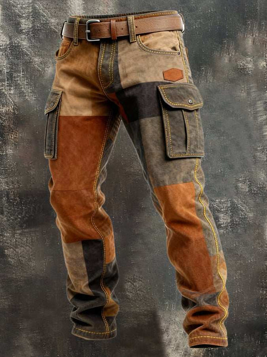 Vintage Stripe Patchwork Men Cargo Pants Multi Pockets Workwear Trousers Contrast Knee Splice Streetwear Casual Long Pants - RALO COLLECTION STUDIO
