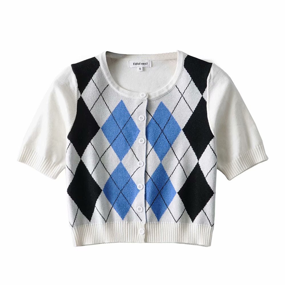 Wind Contrast Color Plaid Cardigan Short - Sleeved T-shirt Woman - RALO COLLECTION STUDIO
