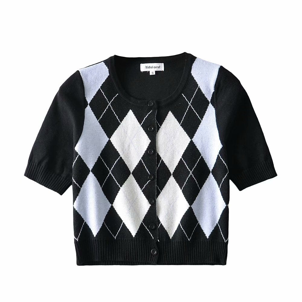 Wind Contrast Color Plaid Cardigan Short - Sleeved T-shirt Woman - RALO COLLECTION STUDIO