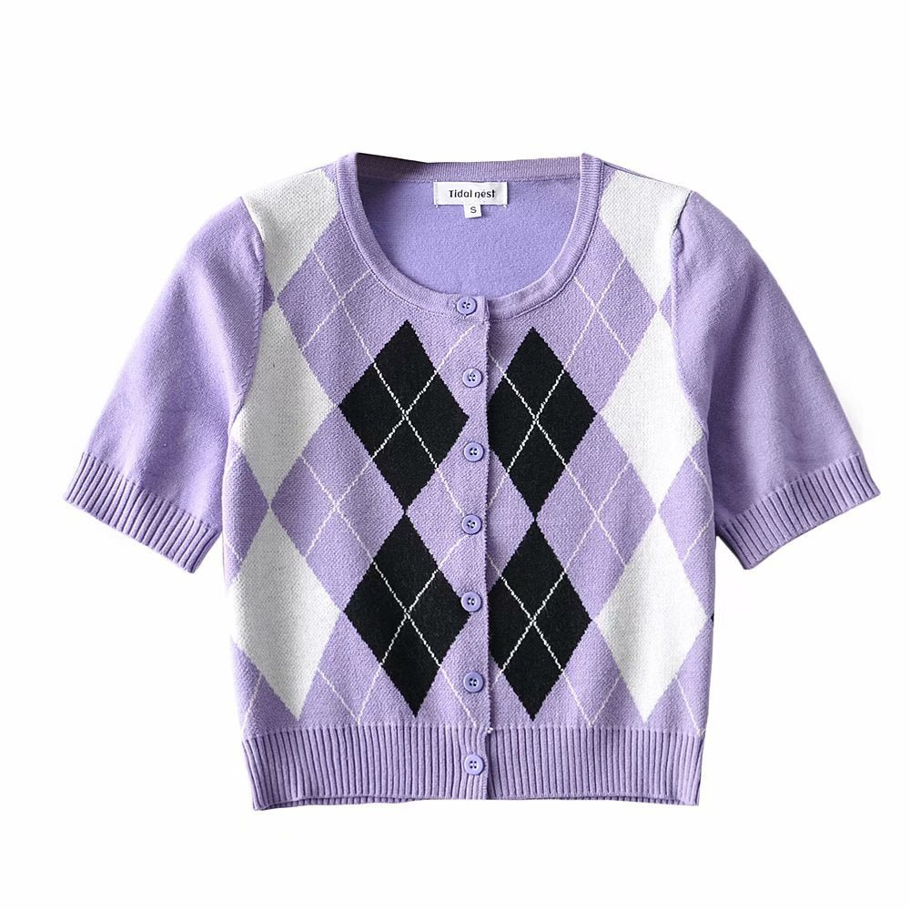 Wind Contrast Color Plaid Cardigan Short - Sleeved T-shirt Woman - RALO COLLECTION STUDIO