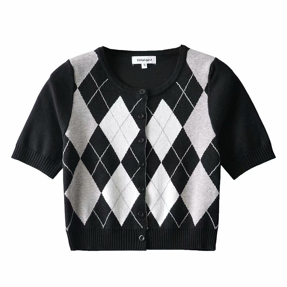 Wind Contrast Color Plaid Cardigan Short - Sleeved T-shirt Woman - RALO COLLECTION STUDIO