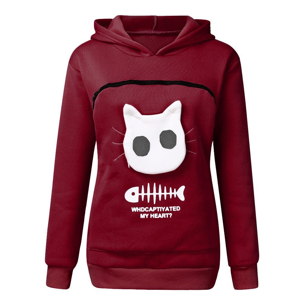 Women Hoodie Sweatshirt With Cat Pet Pocket Design Long Sleeve Sweater Cat Outfit - RALO COLLECTION STUDIO