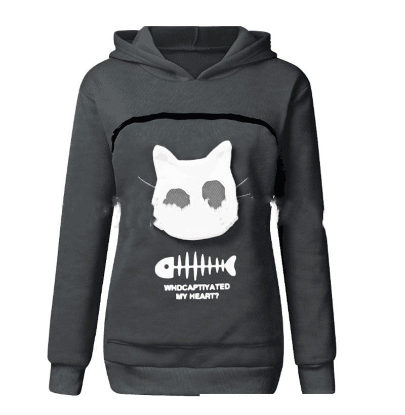 Women Hoodie Sweatshirt With Cat Pet Pocket Design Long Sleeve Sweater Cat Outfit - RALO COLLECTION STUDIO