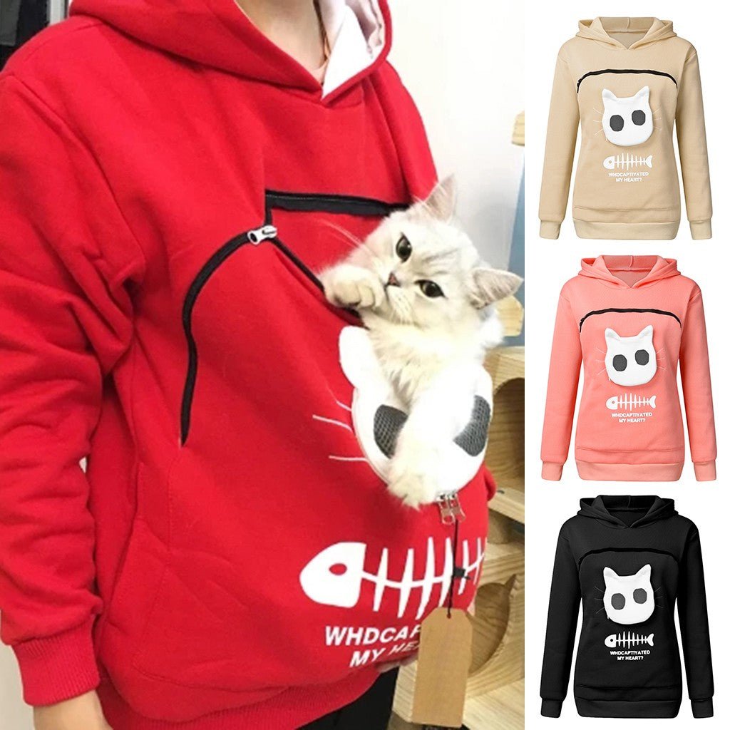 Women Hoodie Sweatshirt With Cat Pet Pocket Design Long Sleeve Sweater Cat Outfit - RALO COLLECTION STUDIO