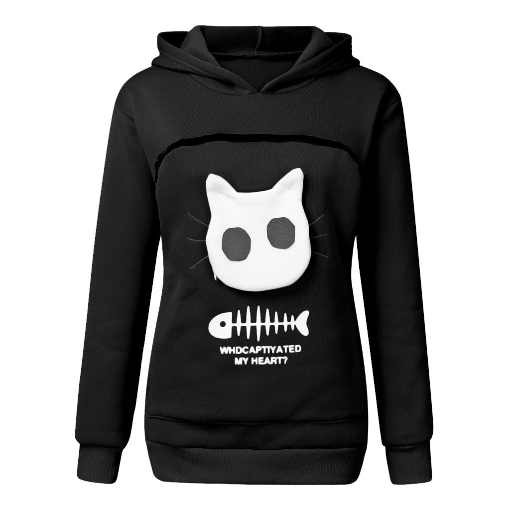 Women Hoodie Sweatshirt With Cat Pet Pocket Design Long Sleeve Sweater Cat Outfit - RALO COLLECTION STUDIO