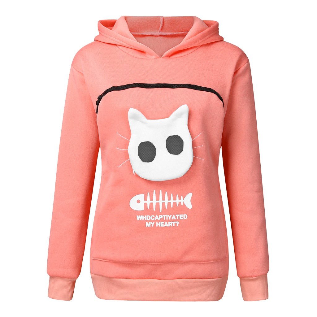 Women Hoodie Sweatshirt With Cat Pet Pocket Design Long Sleeve Sweater Cat Outfit - RALO COLLECTION STUDIO