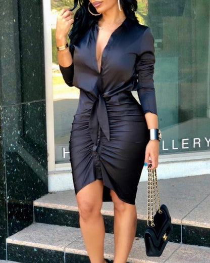 Ralo Women’s Lace-Up Long Sleeve Midi Shirt Dress - RALO COLLECTION STUDIO