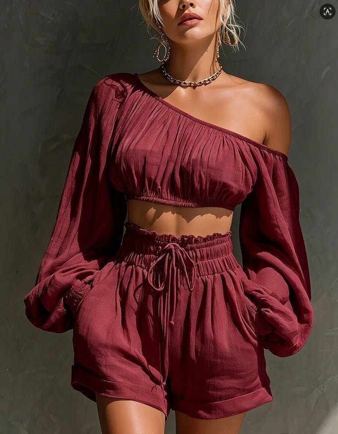 RALLO Women’s Long-Sleeve Cropped Top & High-Waisted Shorts Set - RALO COLLECTION STUDIO