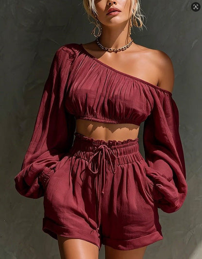 RALLO Women’s Long-Sleeve Cropped Top & High-Waisted Shorts Set - RALO COLLECTION STUDIO
