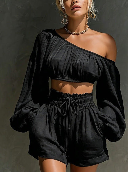 RALLO Women’s Long-Sleeve Cropped Top & High-Waisted Shorts Set - RALO COLLECTION STUDIO