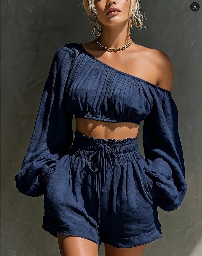 RALLO Women’s Long-Sleeve Cropped Top & High-Waisted Shorts Set - RALO COLLECTION STUDIO