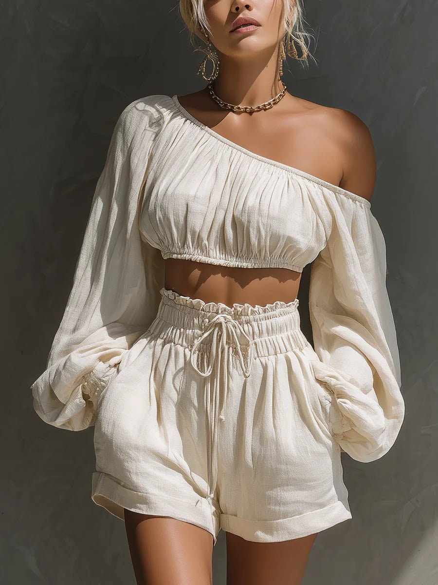 RALLO Women’s Long-Sleeve Cropped Top & High-Waisted Shorts Set - RALO COLLECTION STUDIO