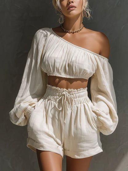 RALLO Women’s Long-Sleeve Cropped Top & High-Waisted Shorts Set - RALO COLLECTION STUDIO