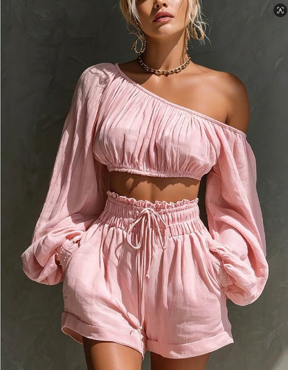 RALLO Women’s Long-Sleeve Cropped Top & High-Waisted Shorts Set - RALO COLLECTION STUDIO