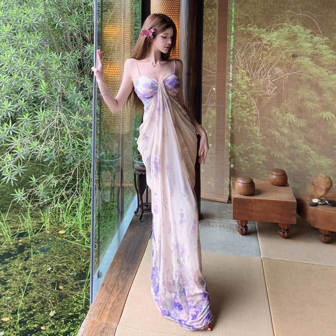 Womens Purple Floral-print Strap Dress - RALO COLLECTION STUDIO