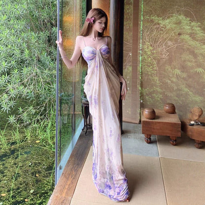 Womens Purple Floral-print Strap Dress - RALO COLLECTION STUDIO