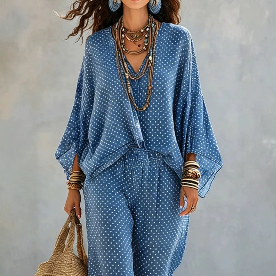 Womens Retro Polka-dot Print Top And Pants - RALO COLLECTION STUDIO