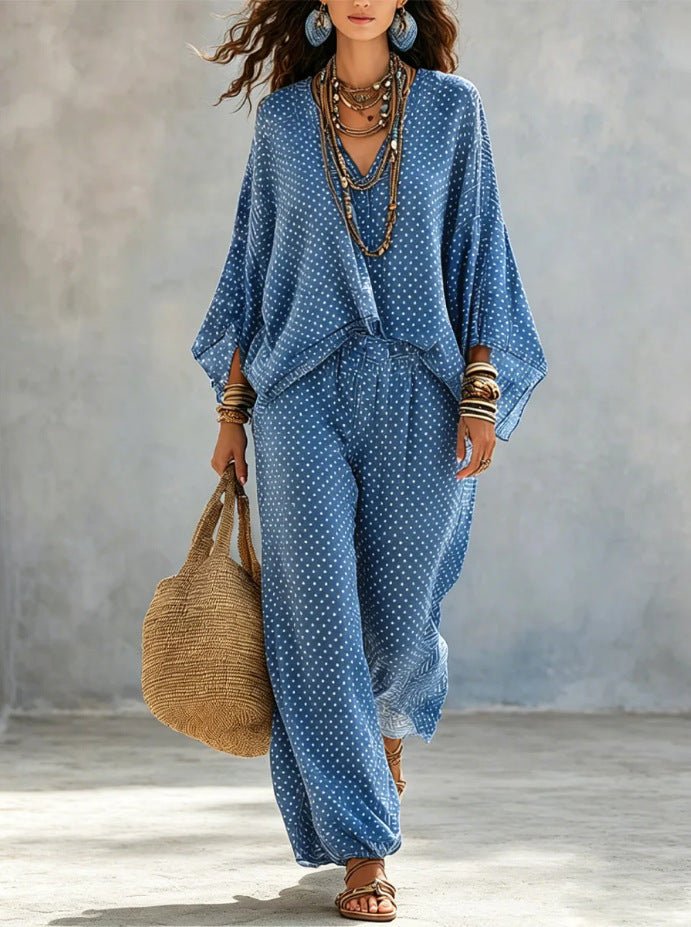 Womens Retro Polka-dot Print Top And Pants - RALO COLLECTION STUDIO