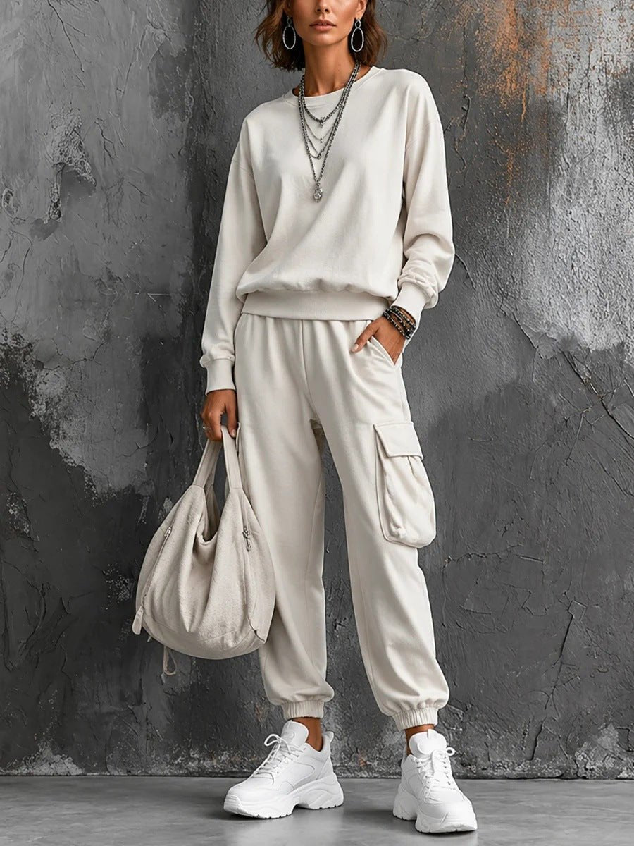 Womens Round-neck Solid-color Long-sleeve Top And Pants Set - RALO COLLECTION STUDIO