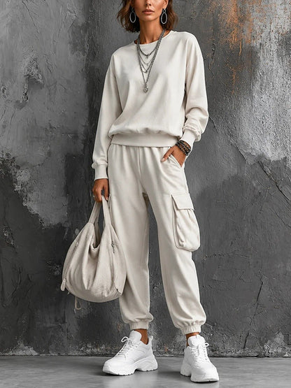 Womens Round-neck Solid-color Long-sleeve Top And Pants Set - RALO COLLECTION STUDIO