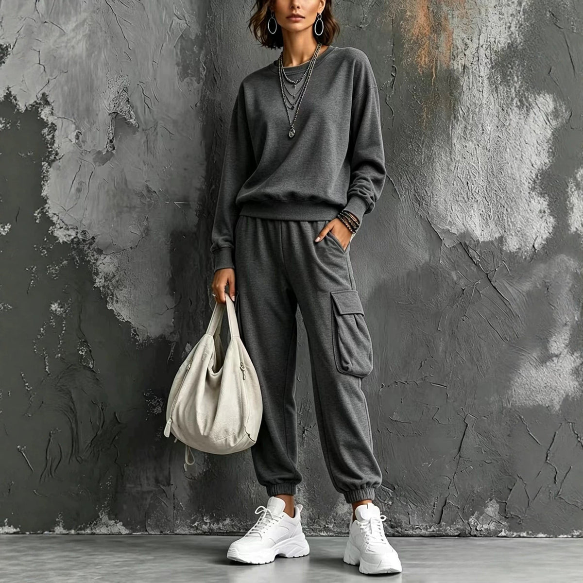 Womens Round-neck Solid-color Long-sleeve Top And Pants Set - RALO COLLECTION STUDIO