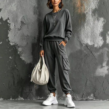 Womens Round-neck Solid-color Long-sleeve Top And Pants Set - RALO COLLECTION STUDIO