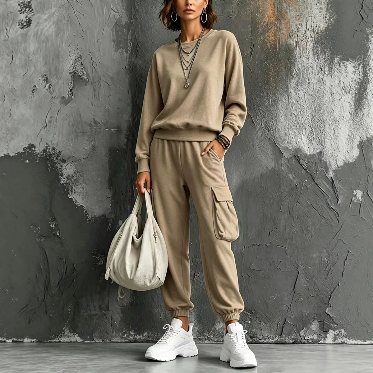 Womens Round-neck Solid-color Long-sleeve Top And Pants Set - RALO COLLECTION STUDIO
