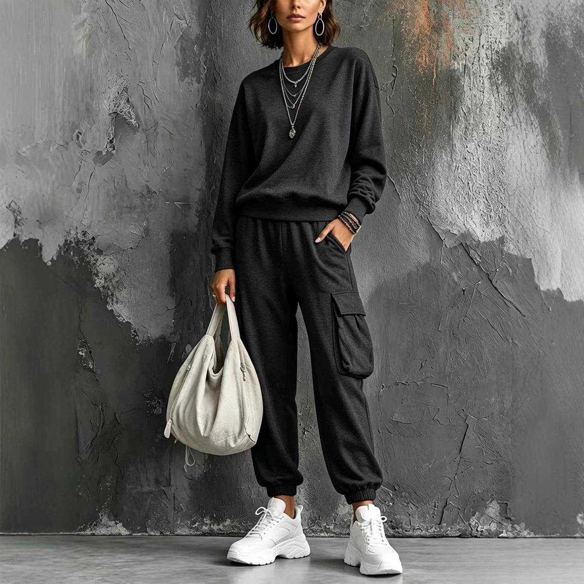 Womens Round-neck Solid-color Long-sleeve Top And Pants Set - RALO COLLECTION STUDIO