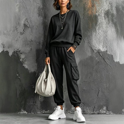 Womens Round-neck Solid-color Long-sleeve Top And Pants Set - RALO COLLECTION STUDIO
