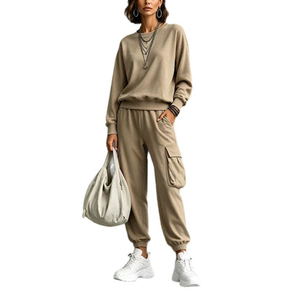 Womens Round-neck Solid-color Long-sleeve Top And Pants Set - RALO COLLECTION STUDIO