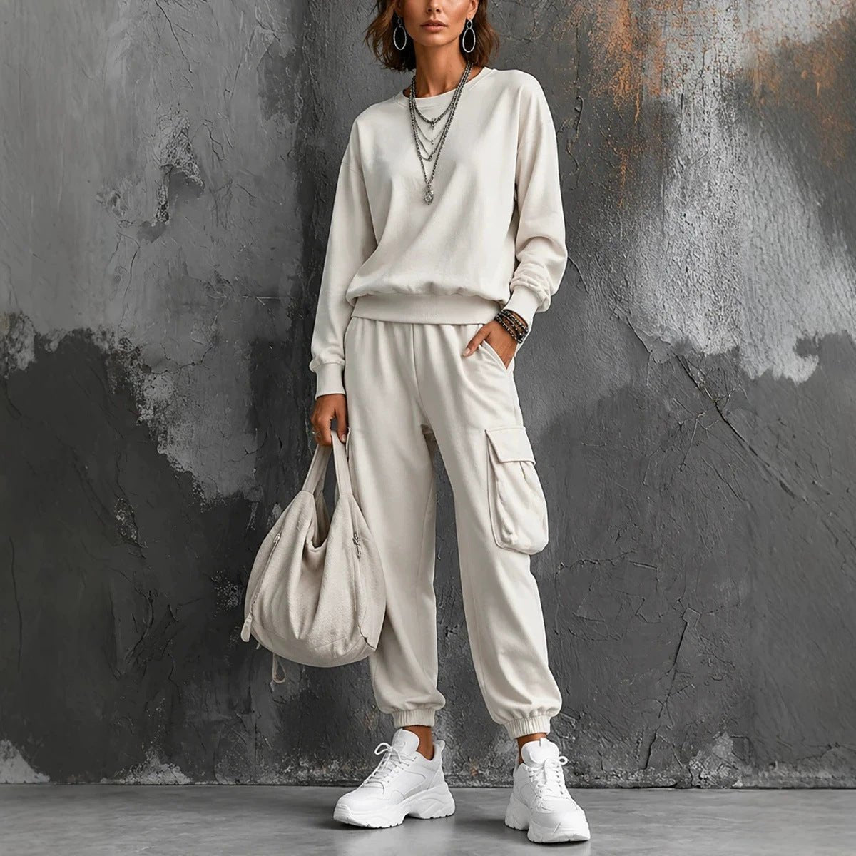 Womens Round-neck Solid-color Long-sleeve Top And Pants Set - RALO COLLECTION STUDIO