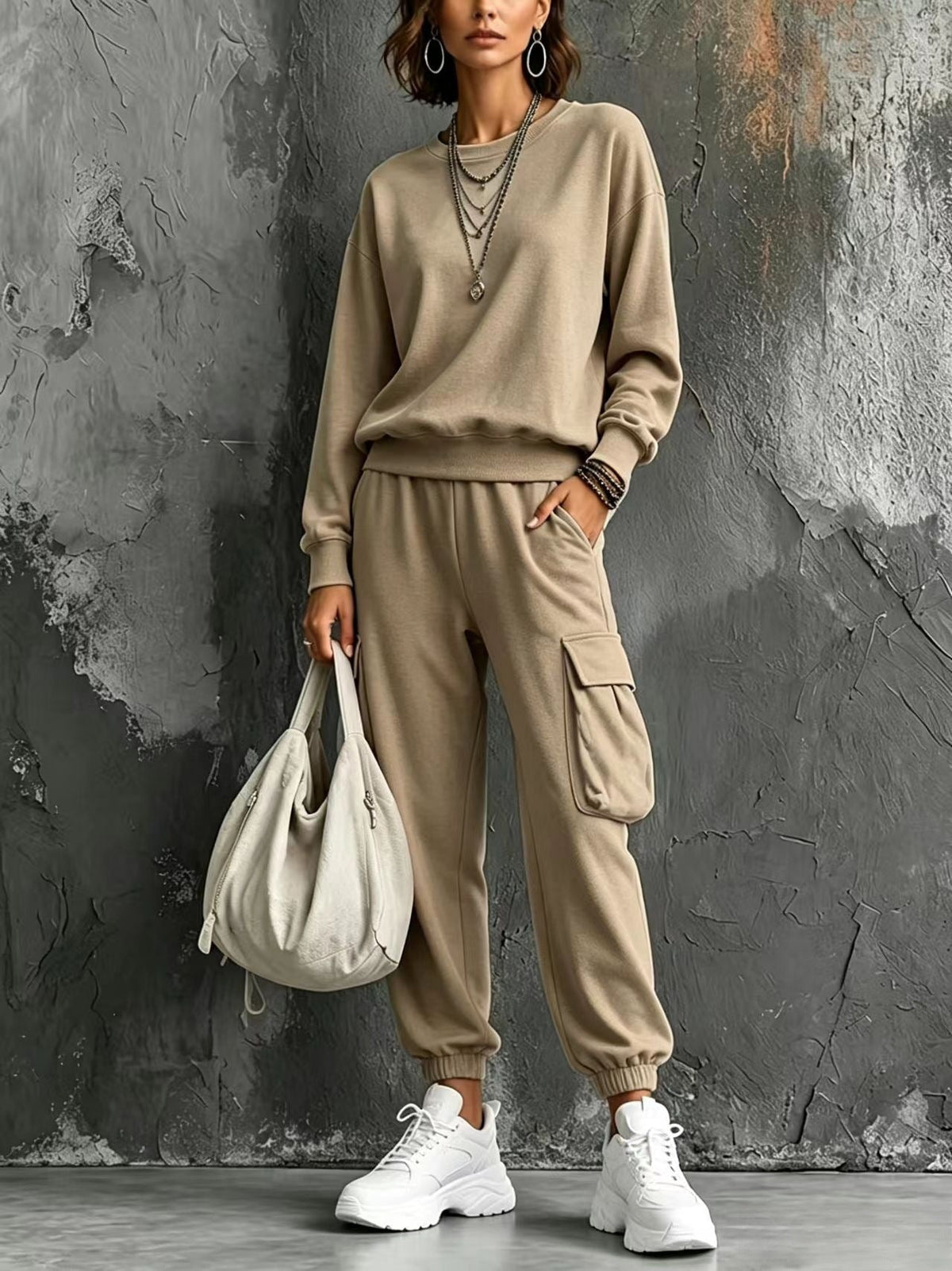 Womens Round-neck Solid-color Long-sleeve Top And Pants Set - RALO COLLECTION STUDIO