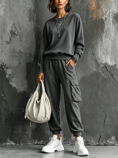 Womens Round-neck Solid-color Long-sleeve Top And Pants Set - RALO COLLECTION STUDIO