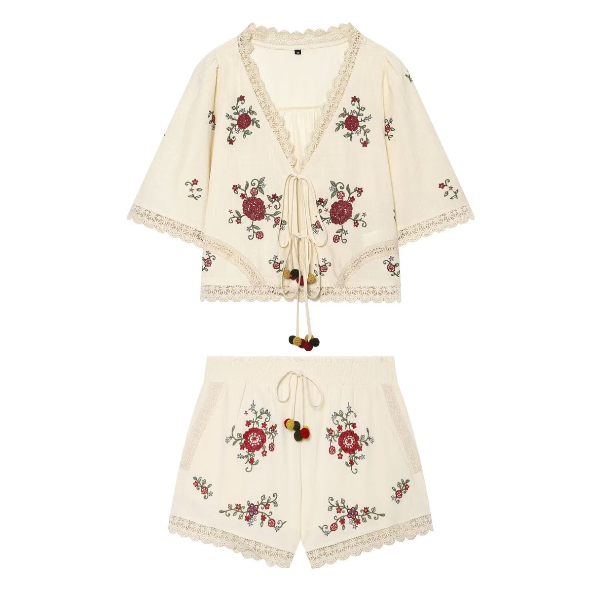 Womens Summer New Arrival Floral Embroidery Top Straight-leg Casual Shorts Set - RALO COLLECTION STUDIO