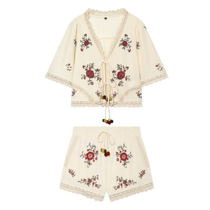 Womens Summer New Arrival Floral Embroidery Top Straight-leg Casual Shorts Set - RALO COLLECTION STUDIO