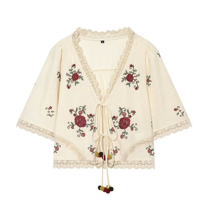 Womens Summer New Arrival Floral Embroidery Top Straight-leg Casual Shorts Set - RALO COLLECTION STUDIO